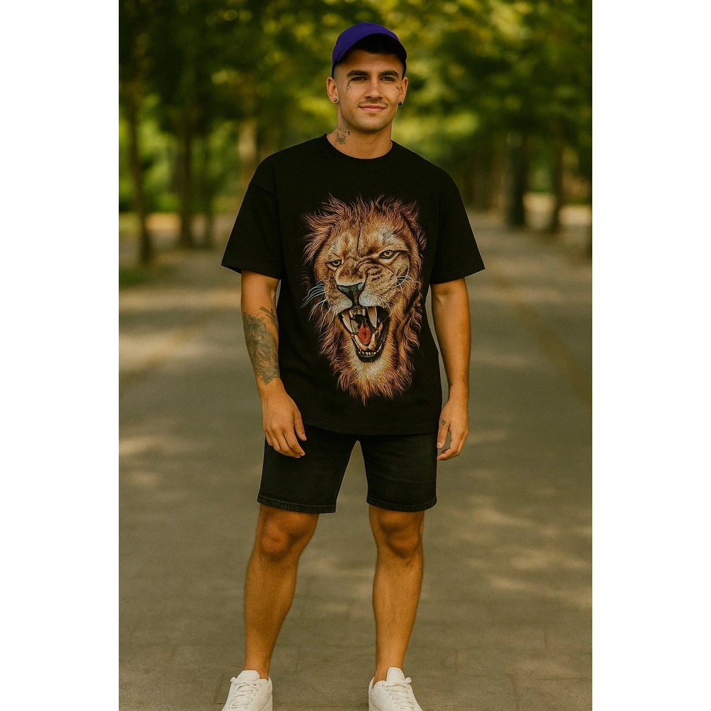 Erkek Aslan Baskılı T-shirt