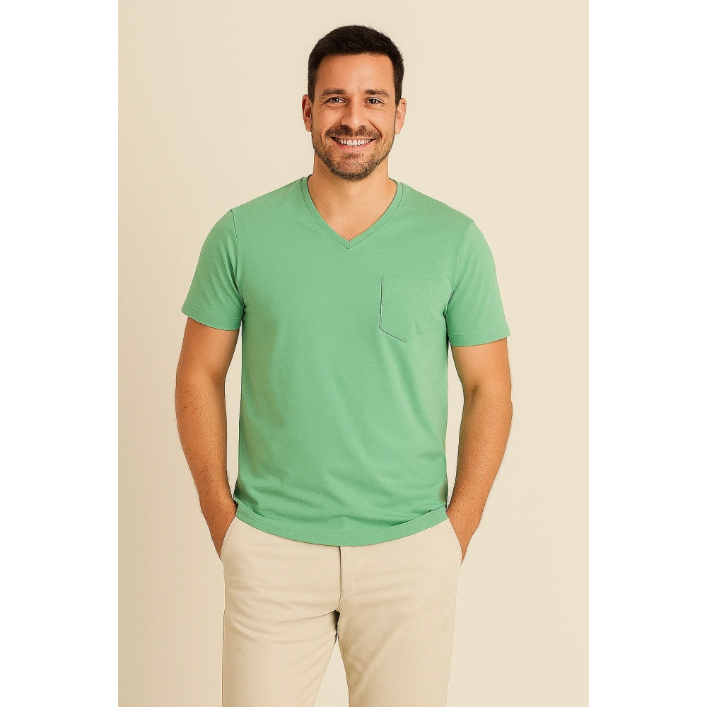 Erkek Basic V Yaka Yeşil T-shirt