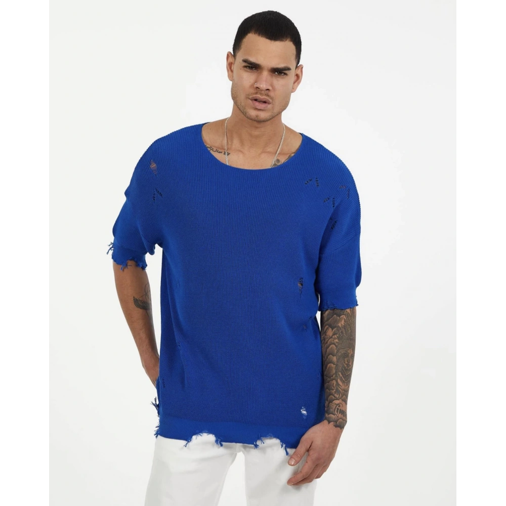 Erkek Saks Mavi Oversıze Triko T-shirt