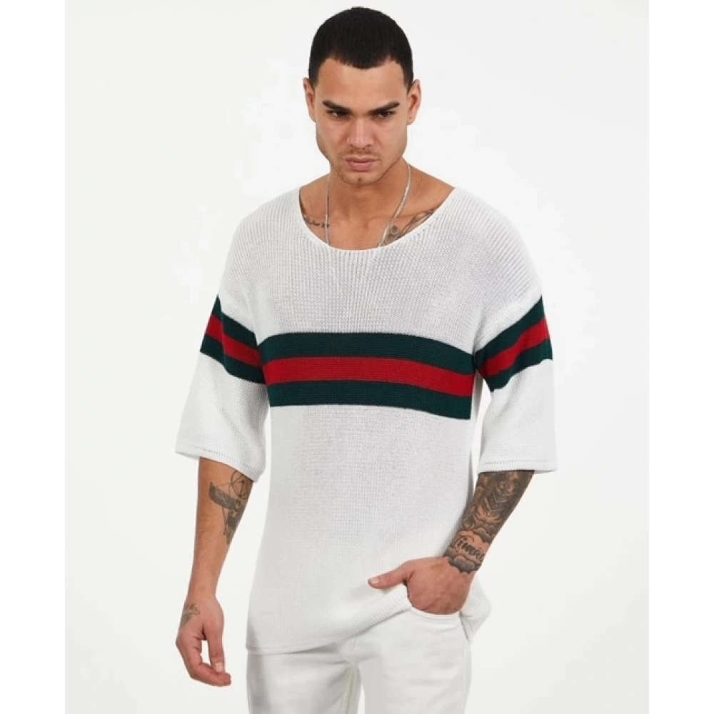 Erkek Beyaz Yeşil-Kırmızı Çizgili Triko T-shirt