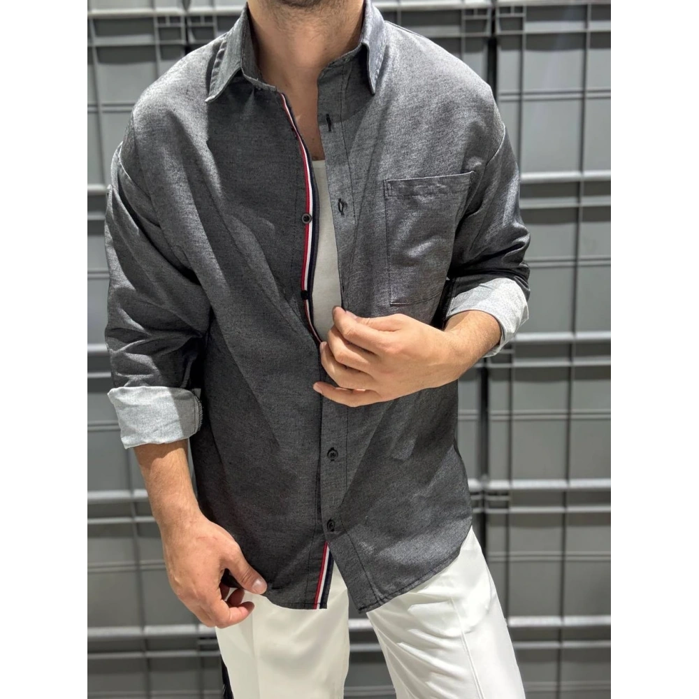 Erkek Gri Şerit Detaylı Gömlek