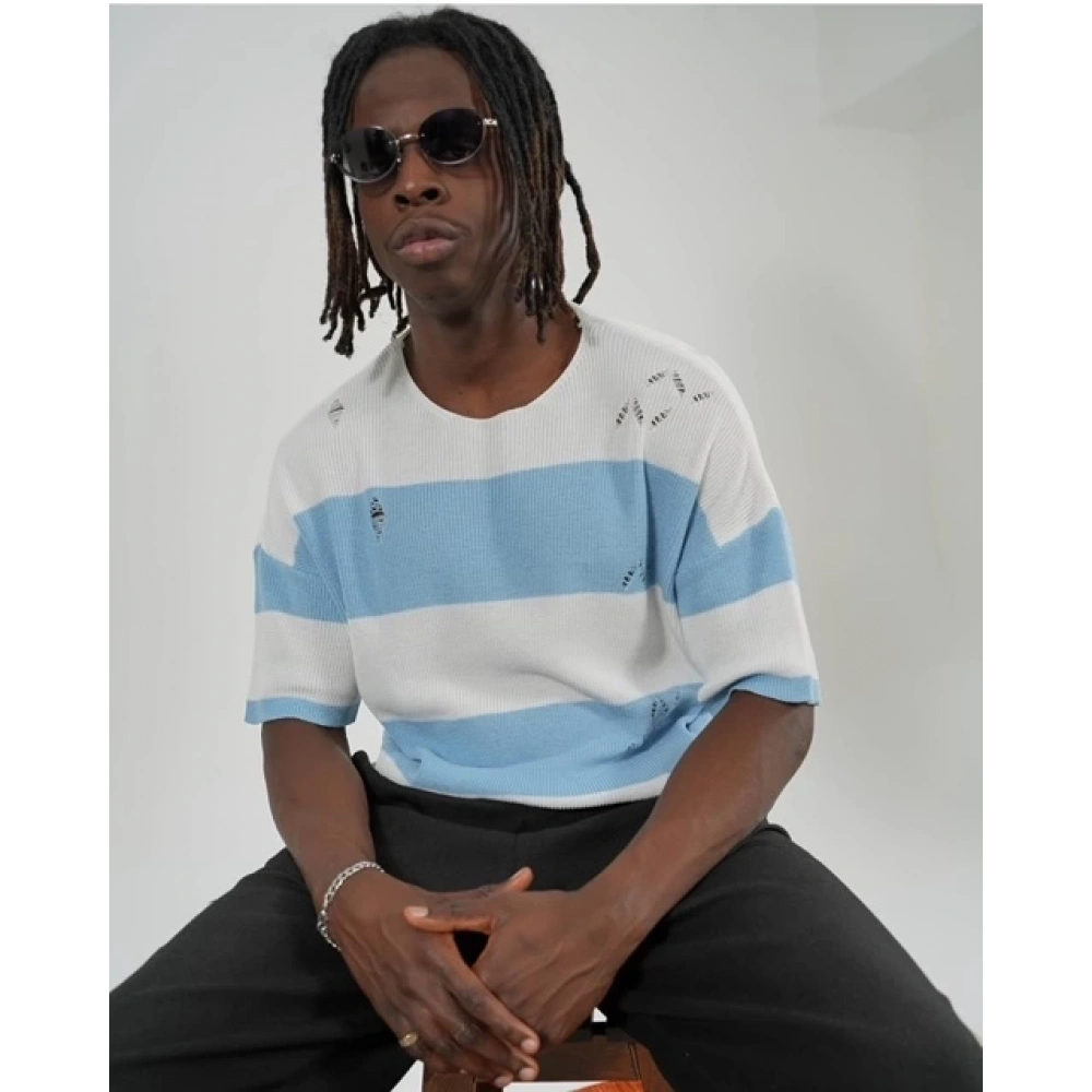 Erkek Beyaz -Mavi Çizgili Triko T-shirt