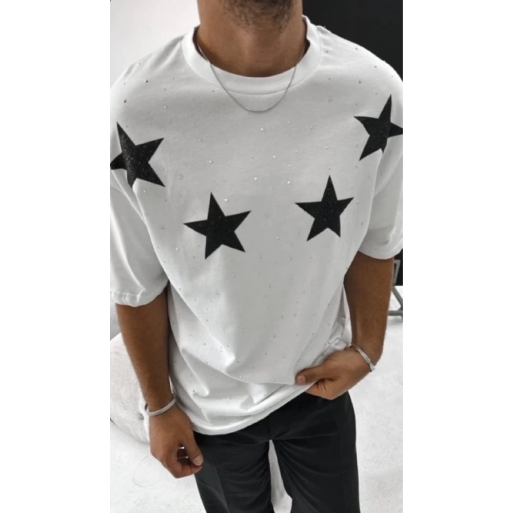 Erkek Beyaz Yıldız Detaylı Tshırt