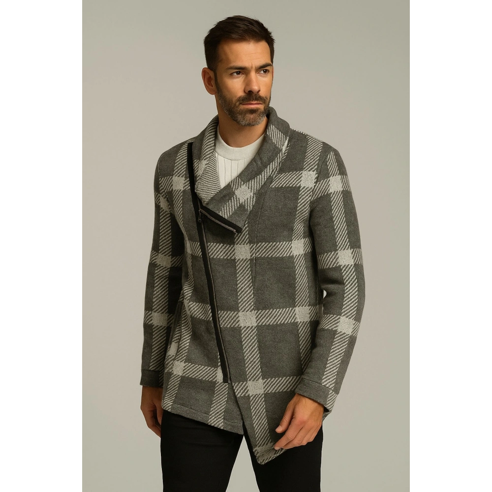 Erkek Gri Ekoseli Hırka