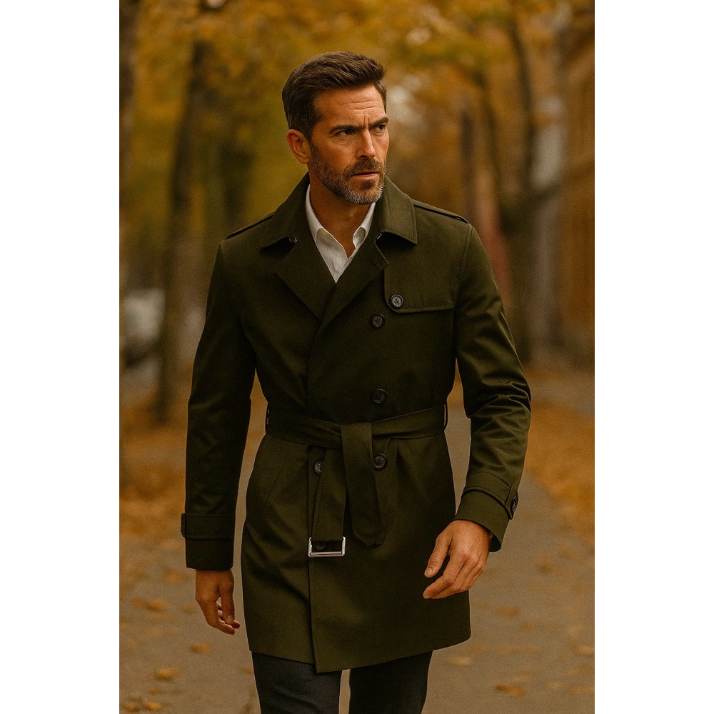 Erkek Haki Kuşaklı Trençkot