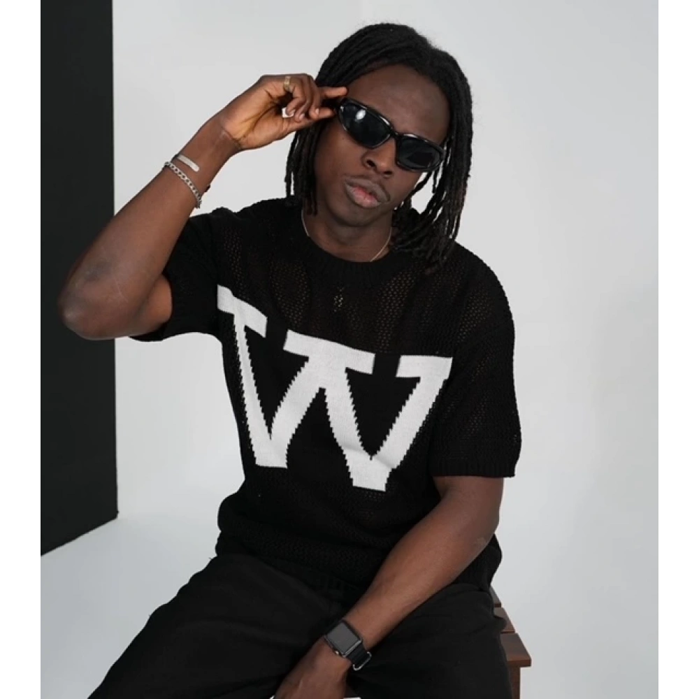 Erkek Siyah W Baskılı Triko T-shirt