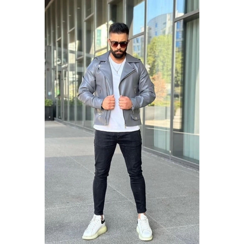 Erkek Gri Deri Ceket