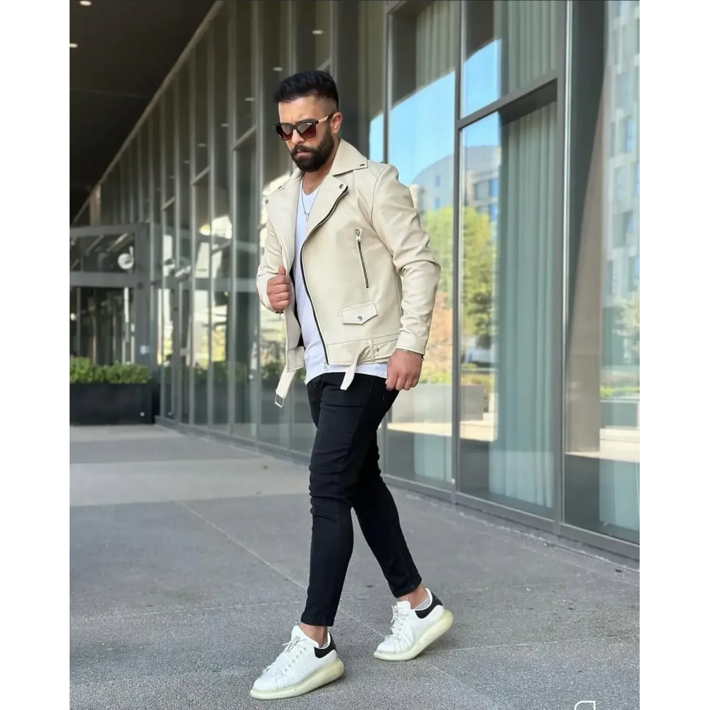 Erkek Krem Deri Ceket