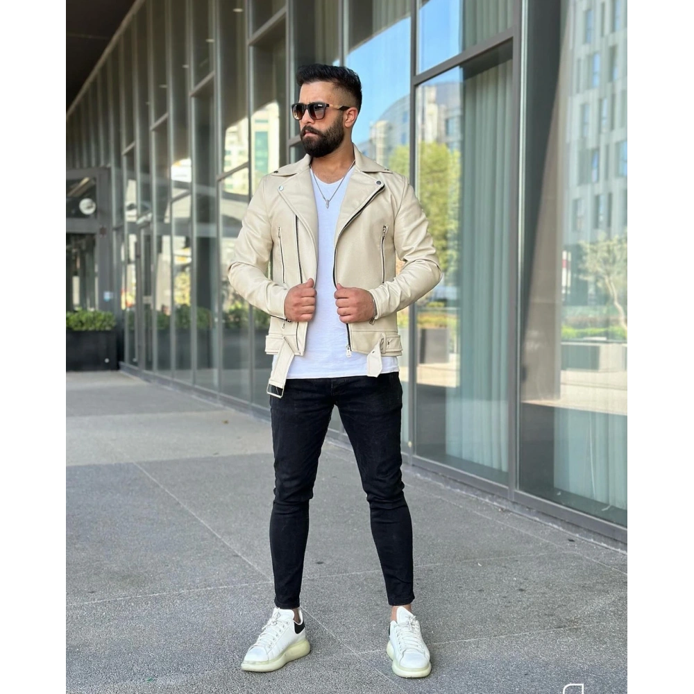 Erkek Krem Deri Ceket
