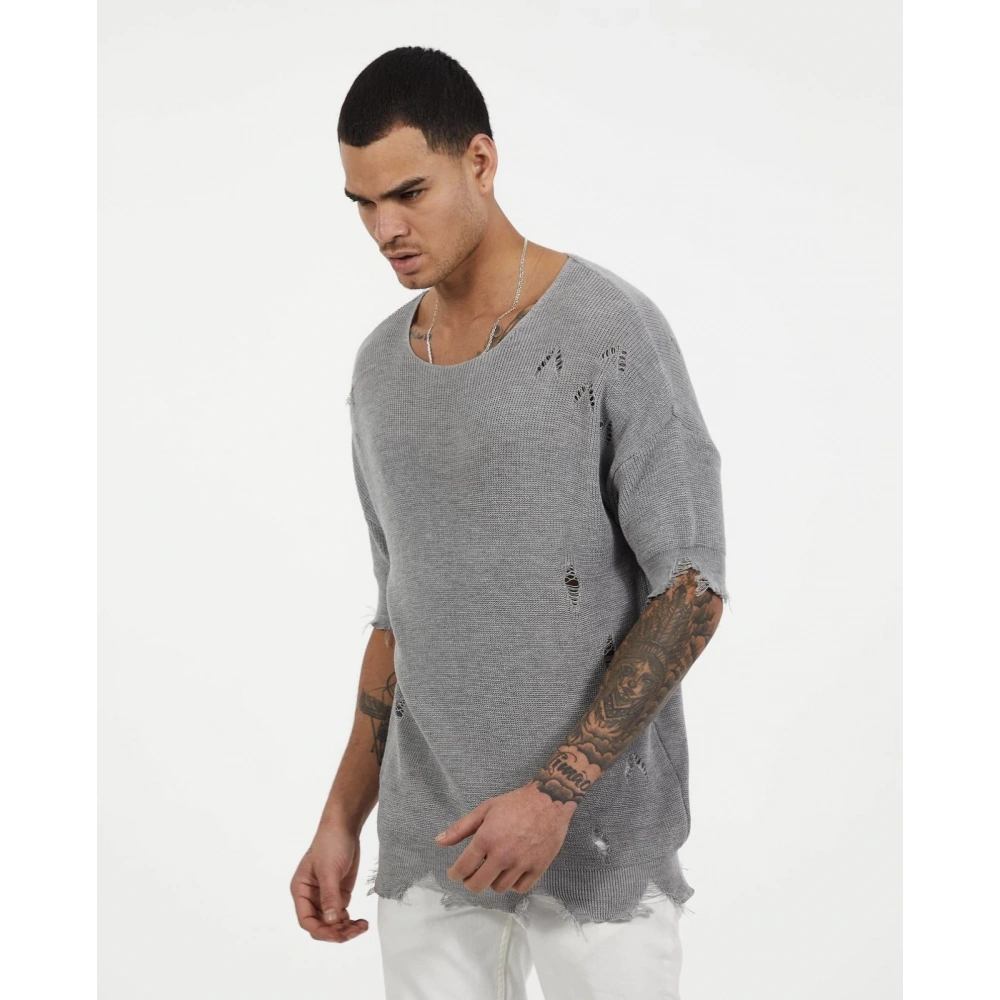 Erkek Gri Oversıze Triko T-shirt