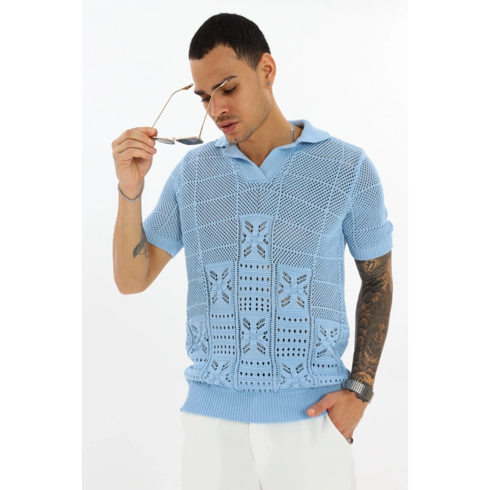 Erkek Mavi Desenli Triko T-shirt