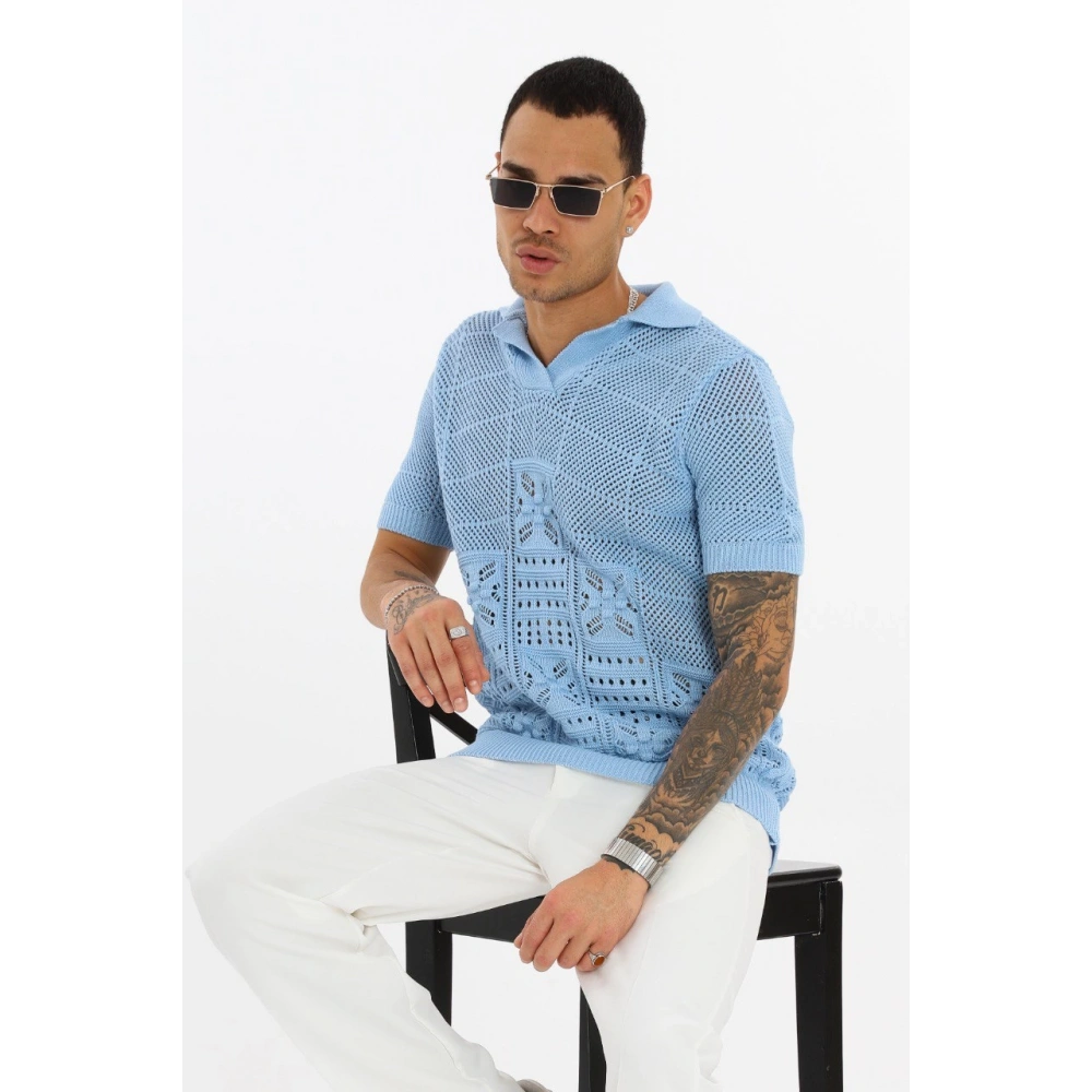 Erkek Mavi Desenli Triko T-shirt