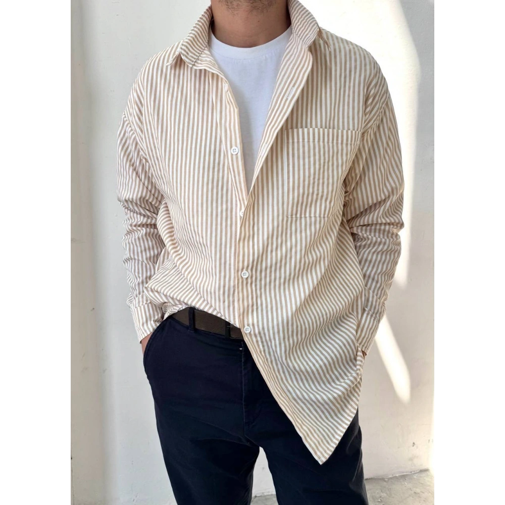 Erkek Bej Çizgili Gömlek