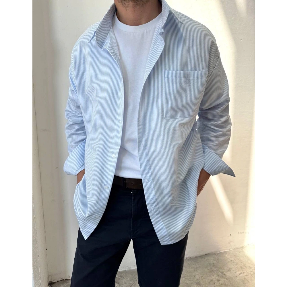 Erkek Mavi İnce Çizgili Gömlek
