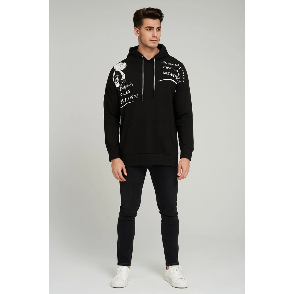 Erkek Siyah Baskılı kapüşonlu  Sweat