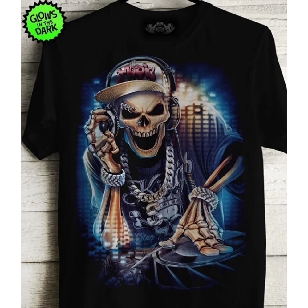 Erkek Siyah İskelet Baskılı T-shirt