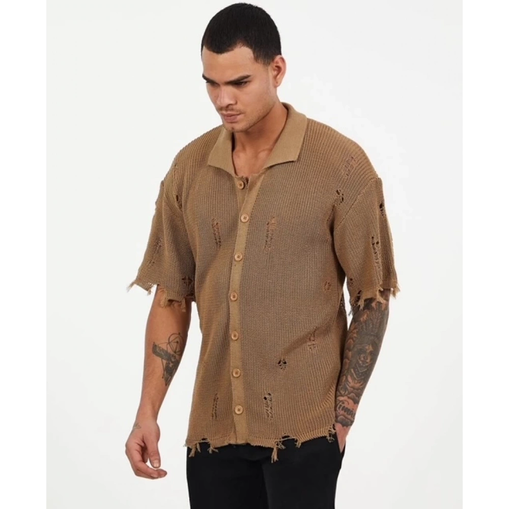 Erkek Vizon Düğmeli Triko T-shirt