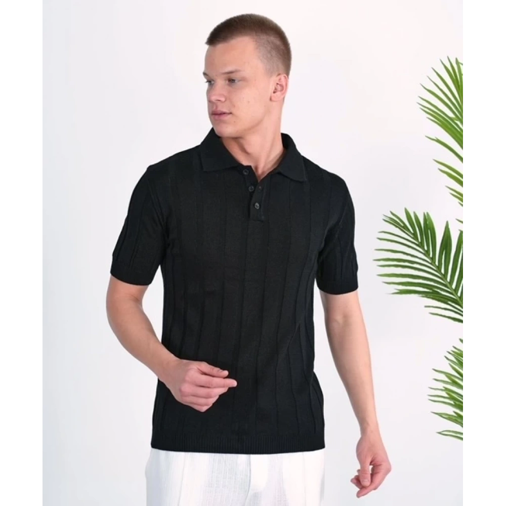 Erkek Siyah Düğmeli Yakalı Triko T-shirt