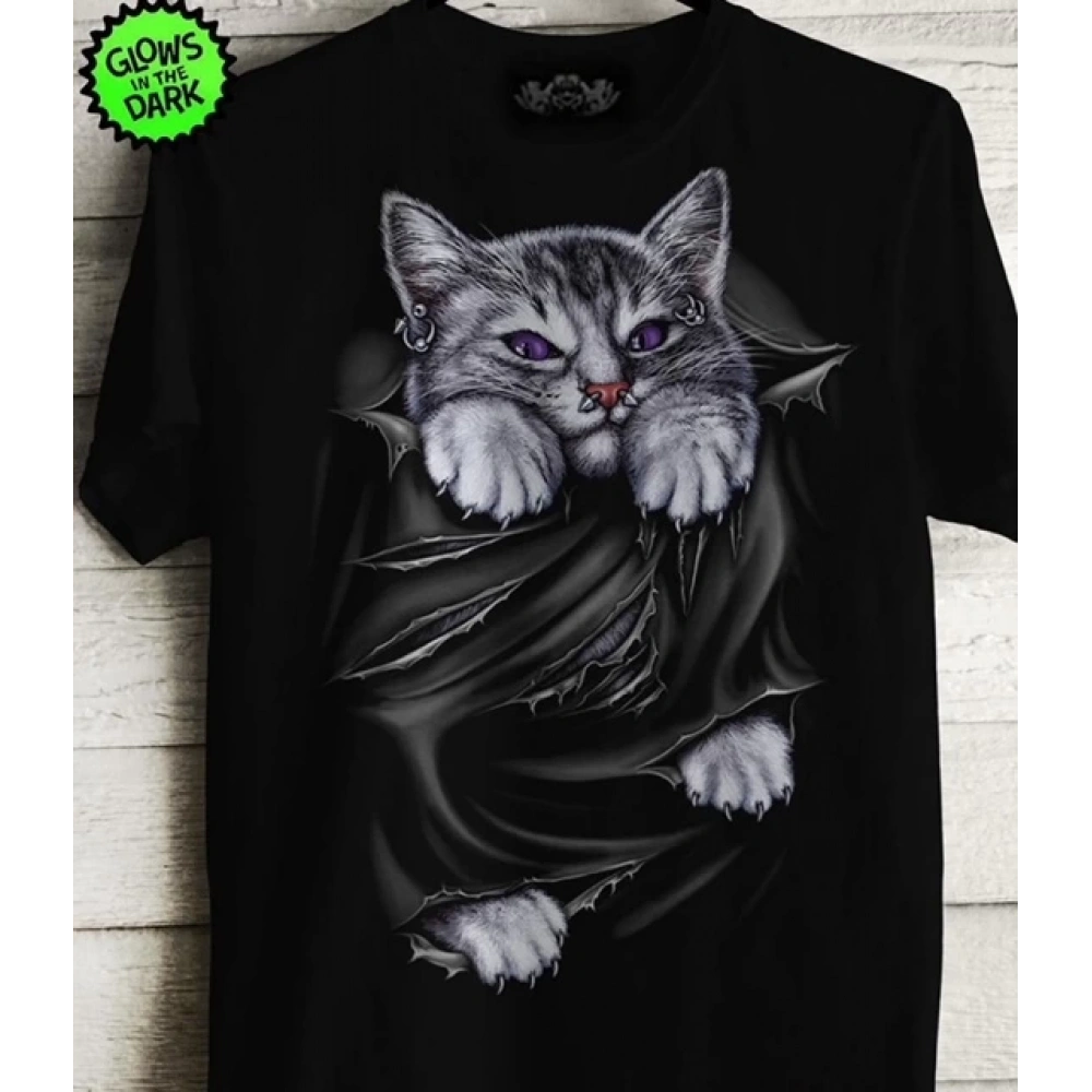 Erkek Siyah Kedi Baskılı T-shirt