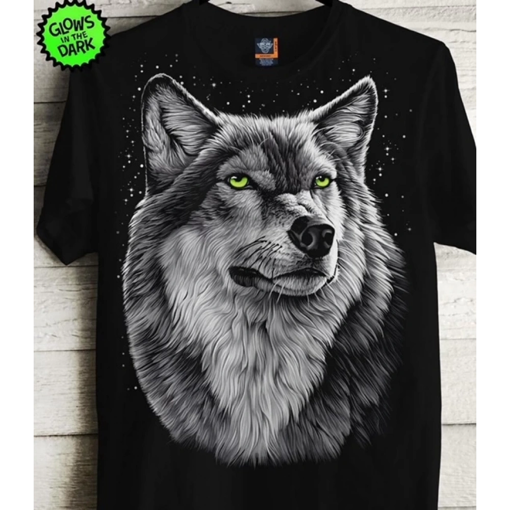 Erkek Siyah Kurt Baskılı T-shirt