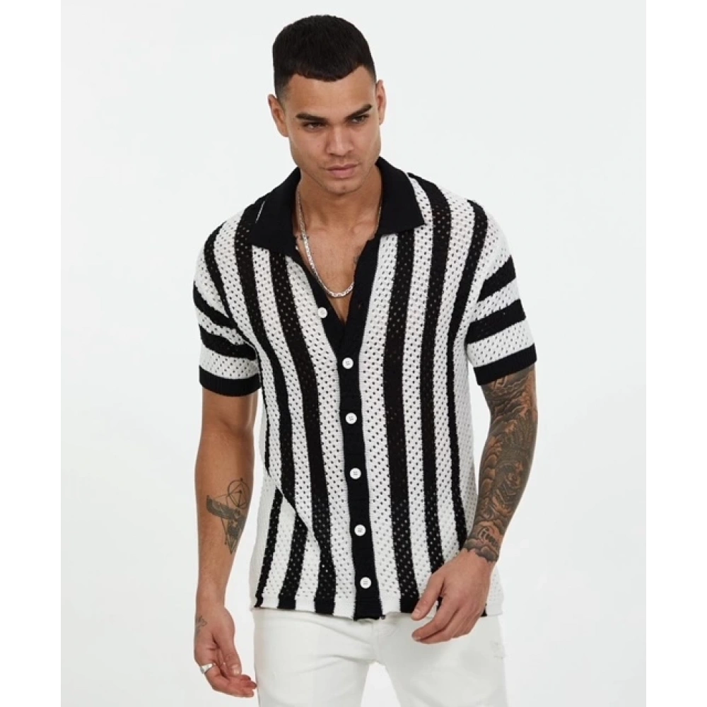 Erkek Siyah-Beyaz Düğmeli Triko T-shirt