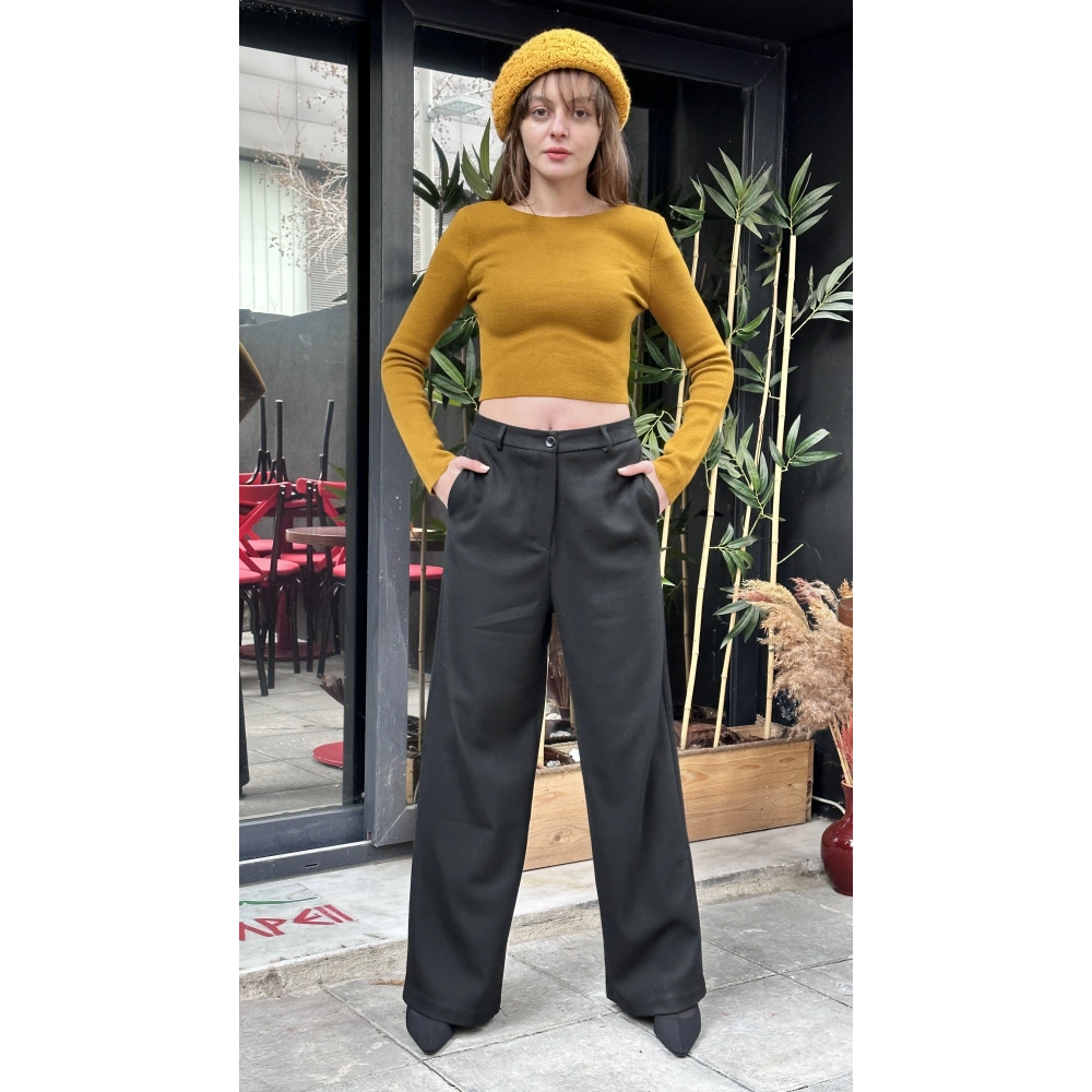 Kadın Hardal Sırt Detaylı Kazak