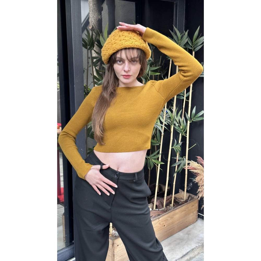 Kadın Hardal Sırt Detaylı Kazak