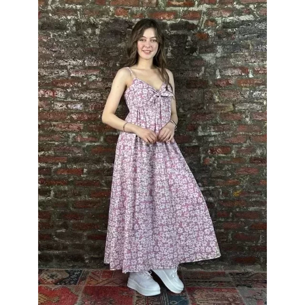 Kadın Pembe Çiçekli Uzun Elbise