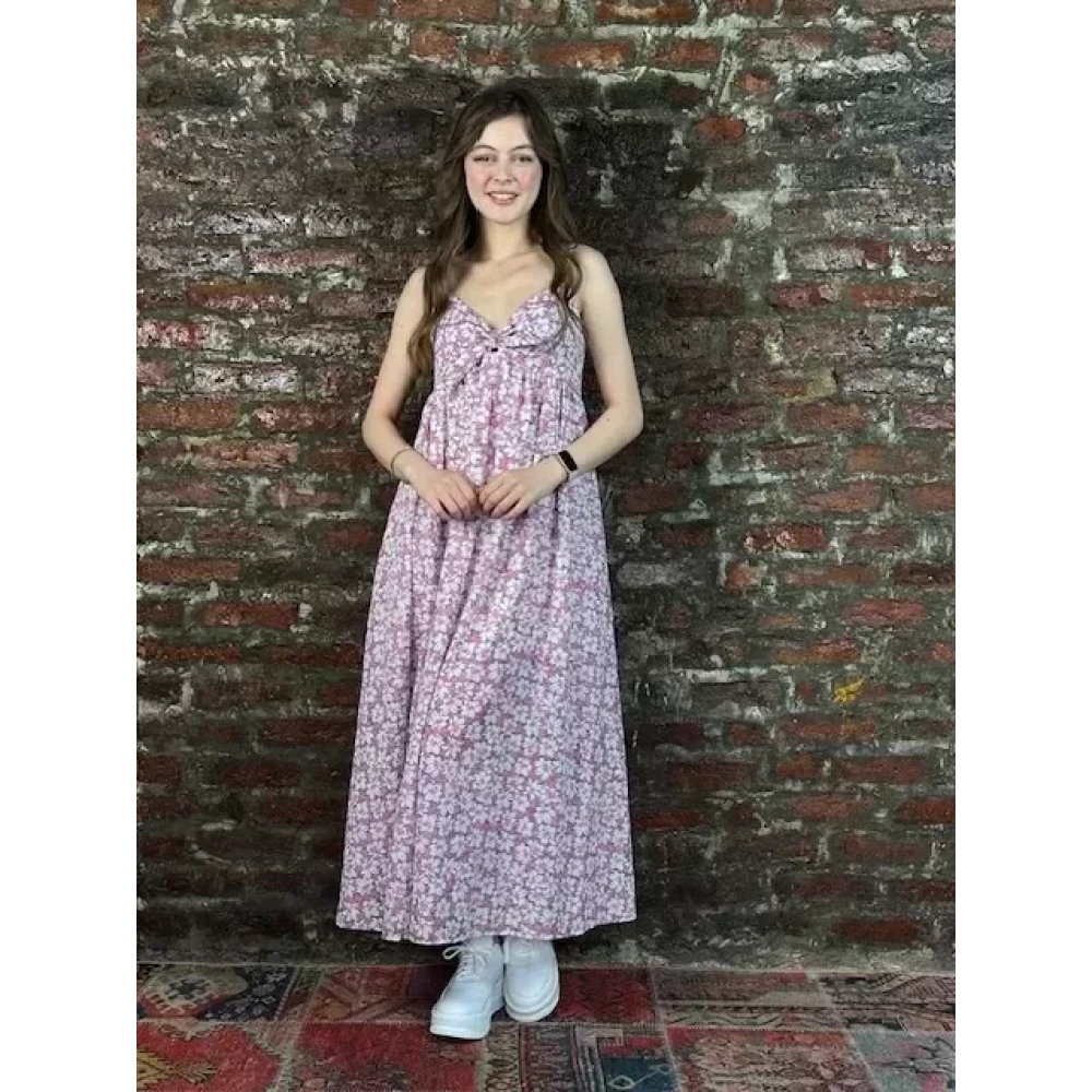 Kadın Pembe Çiçekli Uzun Elbise