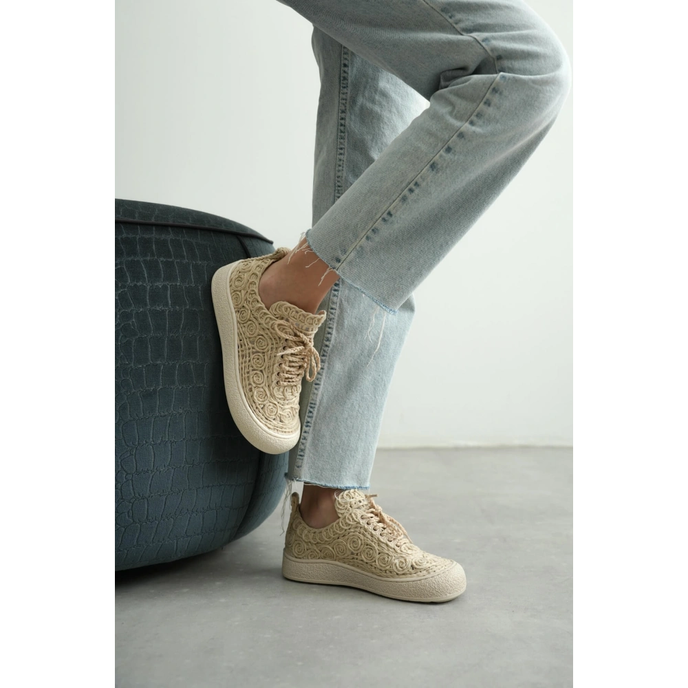Kadın Bej Örgü Detaylı Günlük Sneaker Rahat ve Hafif Spor Ayakkabı TR01MY01C