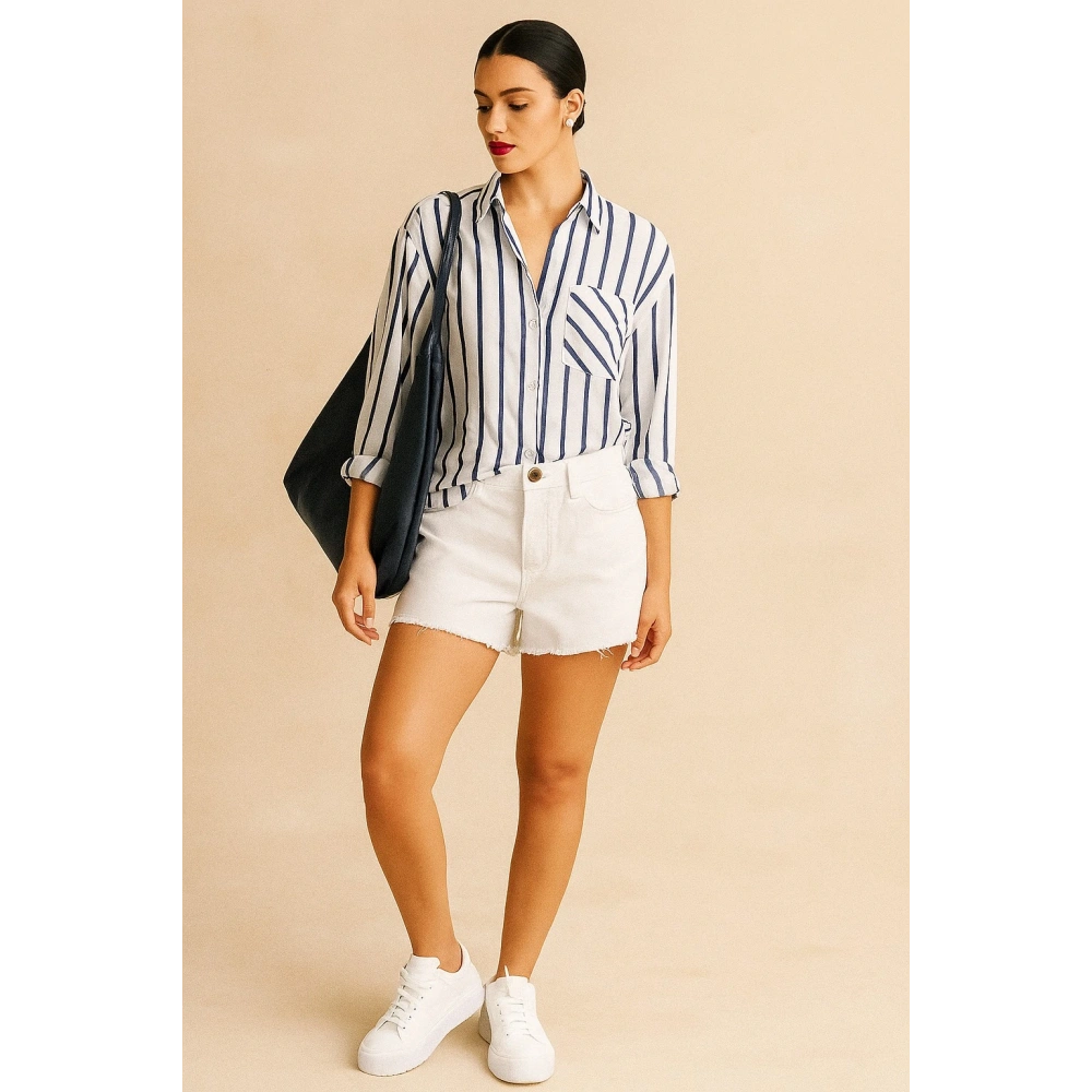 Kadın Beyaz-Lacivert Çizgili Gömlek
