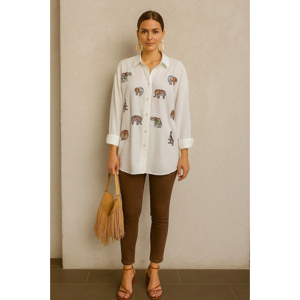 Kadın Beyaz Fil İşlemeli Gömlek