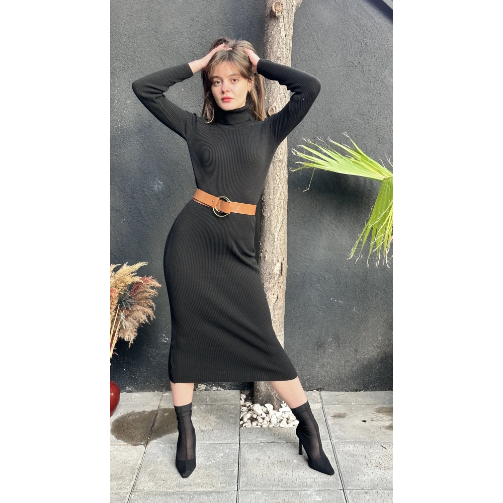 Kadın Boğazlı Siyah Uzun Triko Elbise