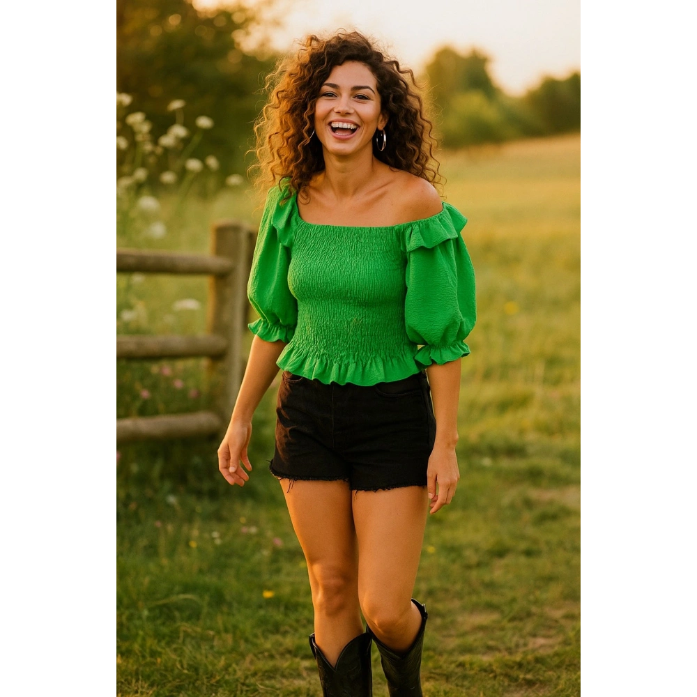 Kadın Büzgülü Yeşil Bluz