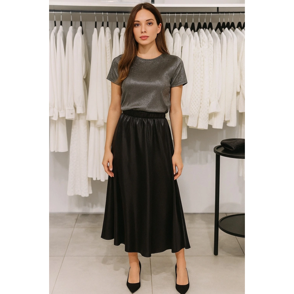 Kadın Siyah Saten Uzun Etek