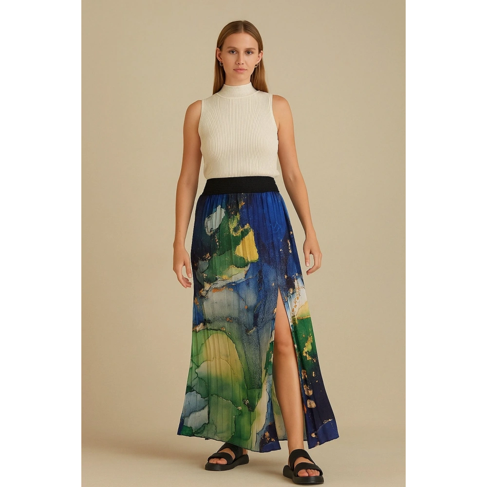 Kadın Çok Renkli Pileli Uzun Etek