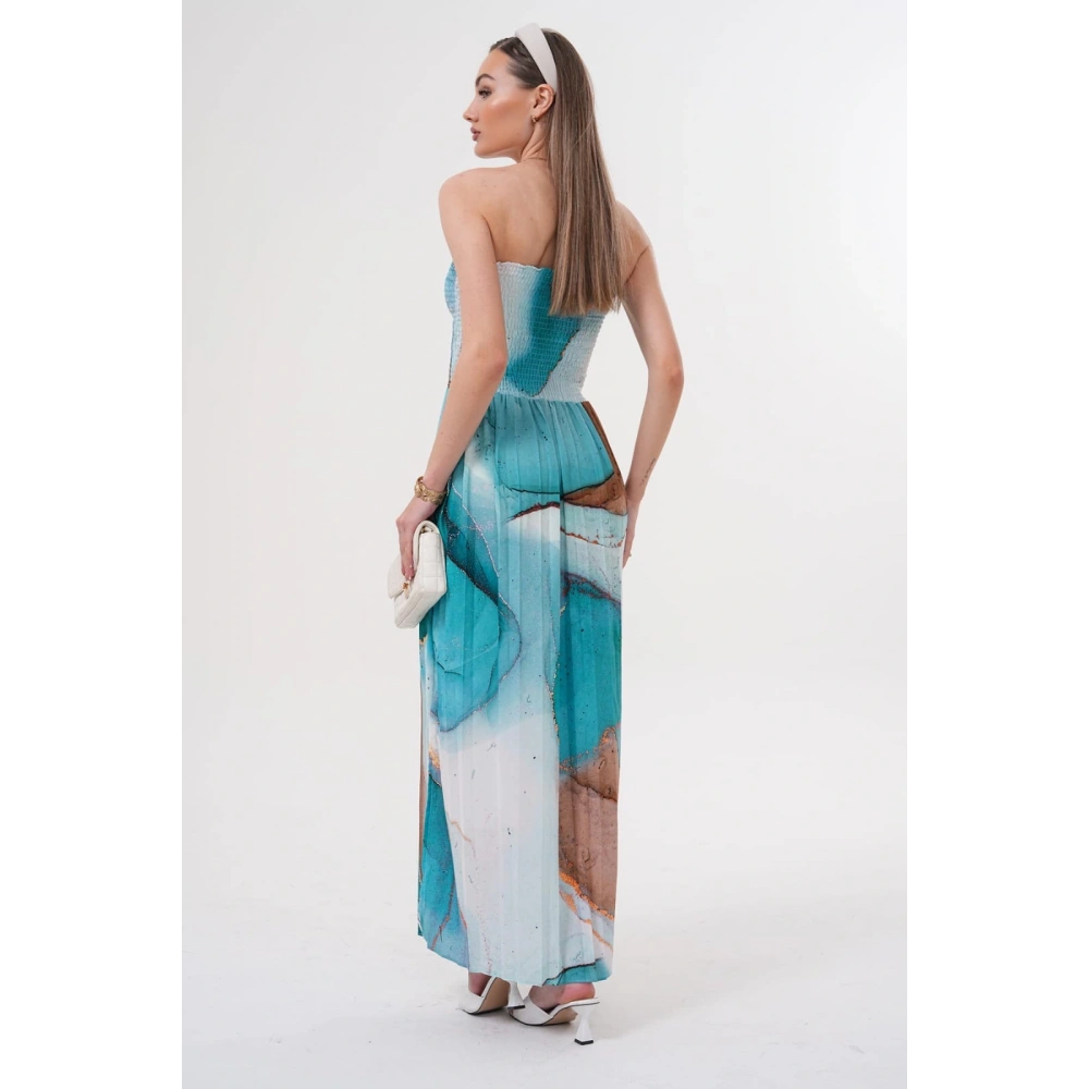 Kadın Turkuaz Straplez Yaka Yazlık Elbise