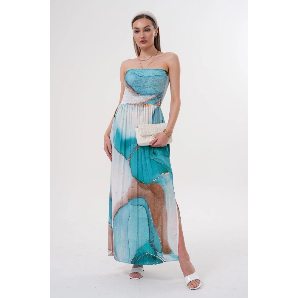 Kadın Turkuaz Straplez Yaka Yazlık Elbise