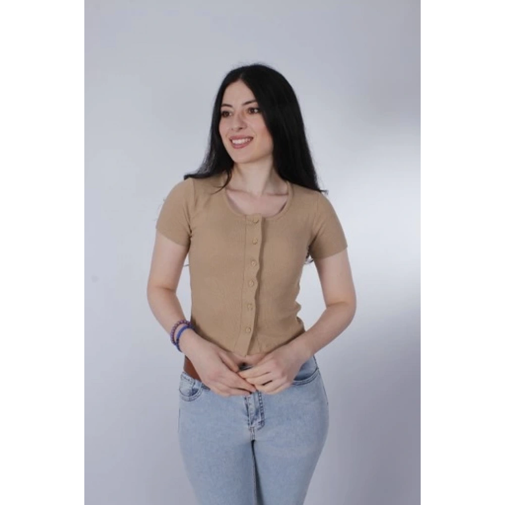 Kadın Düğme Detaylı Kısa Kollu Kahverengi Triko T-shirt
