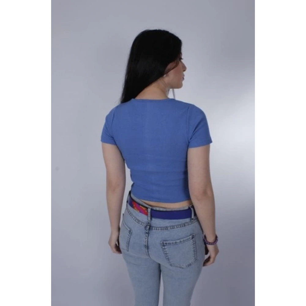 Kadın Düğme Detaylı Kısa Kollu Mavi Triko T-shirt