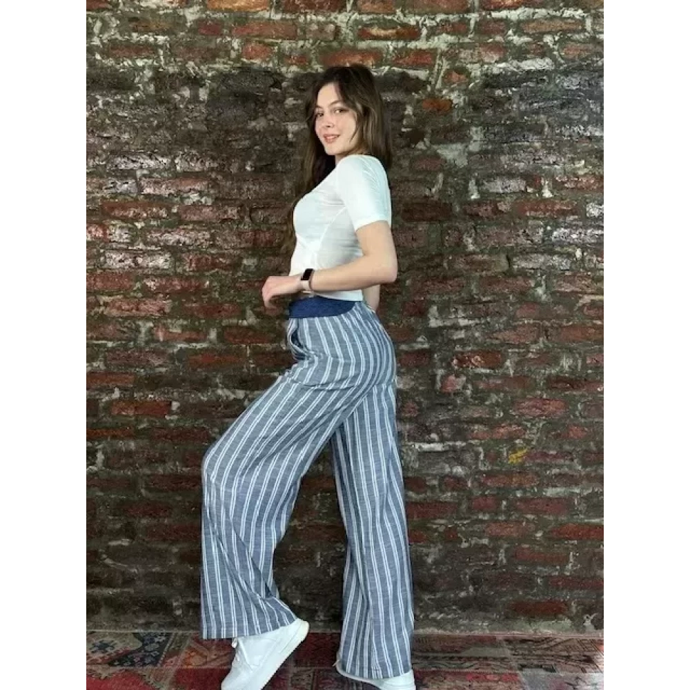 Kadın Mavi Çizgili Bol Paça Pantolon