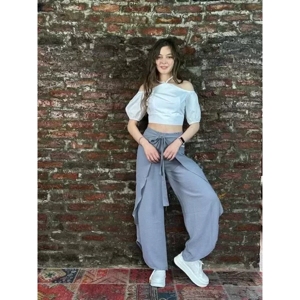 Kadın Gri Bol Paça Pantolon