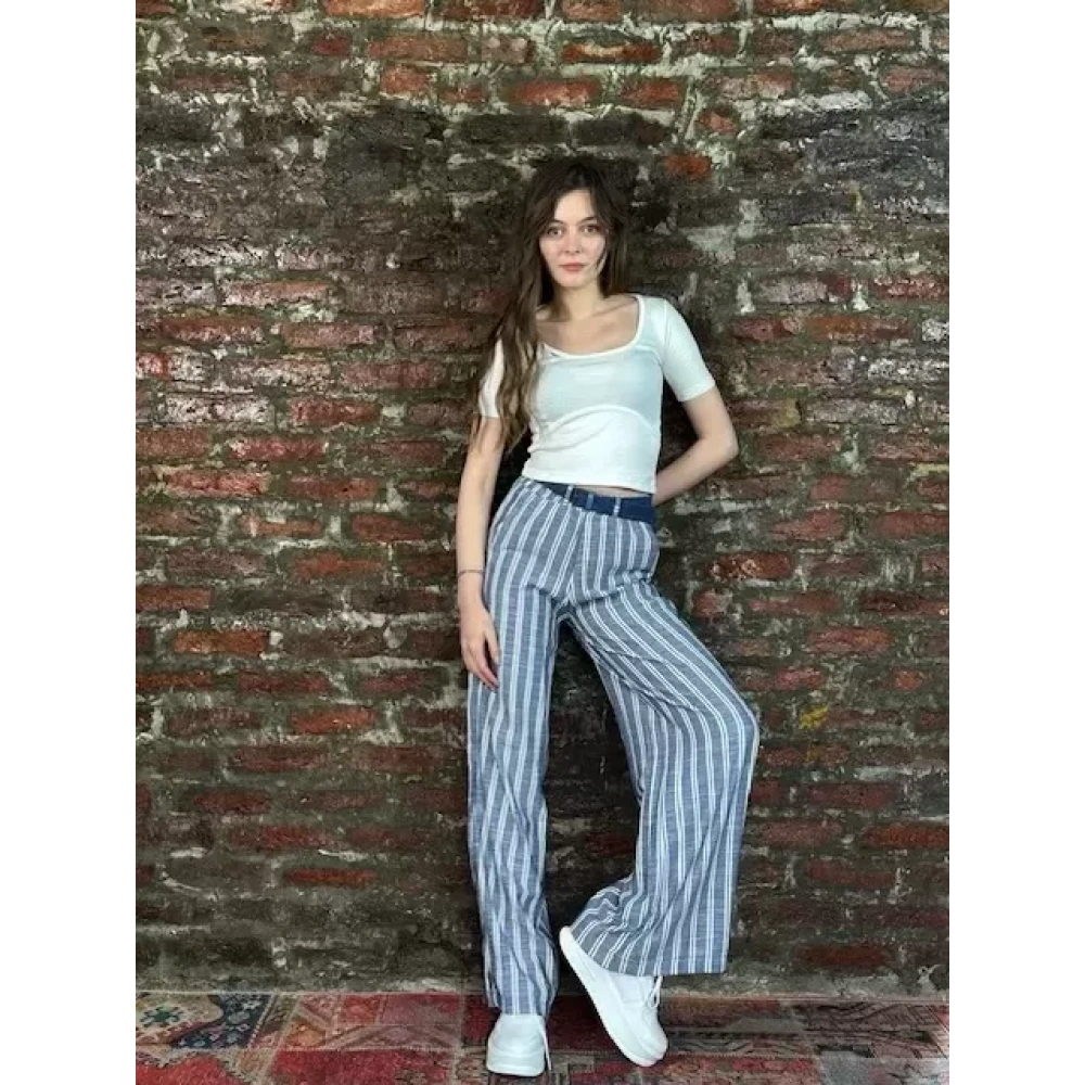 Kadın Mavi Çizgili Bol Paça Pantolon