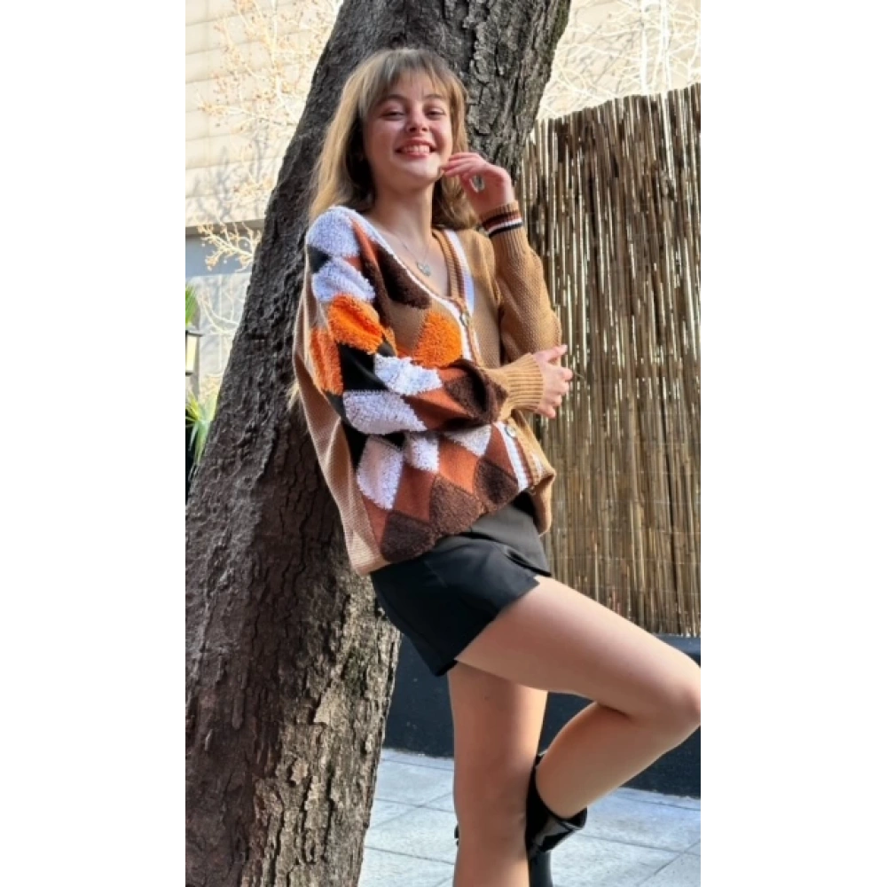 Kadın Kahverengi Desenli Hırka