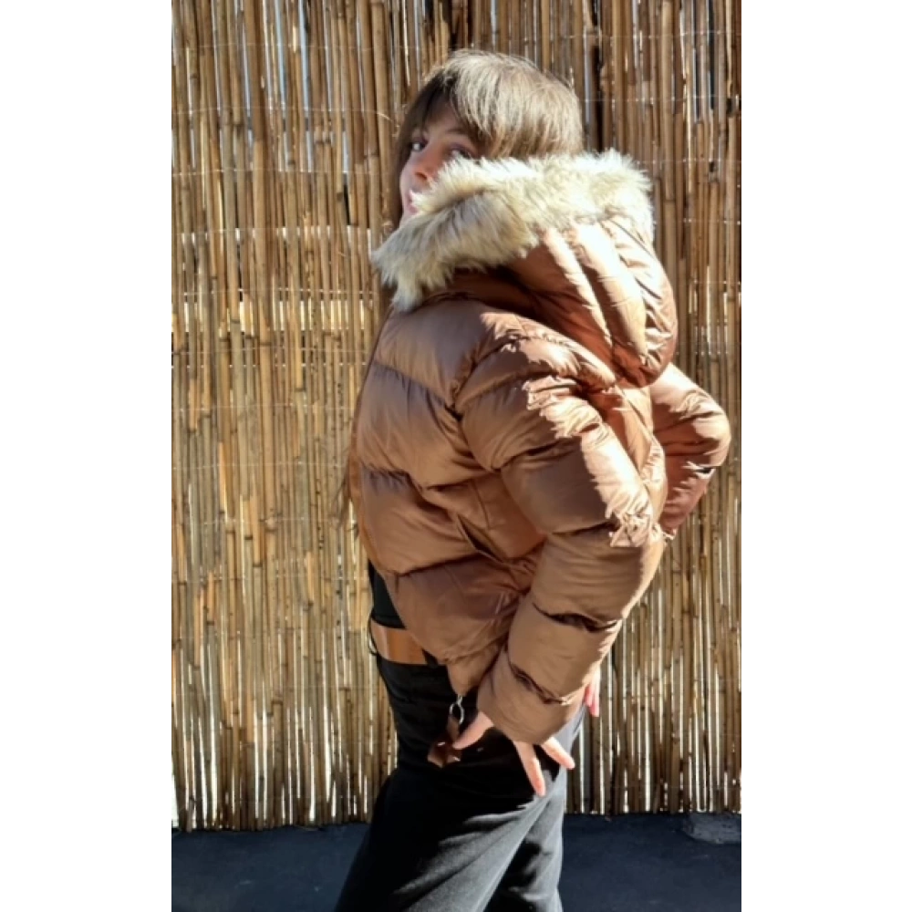 Kadın Kahverengi Kapşonlu Şişme Mont