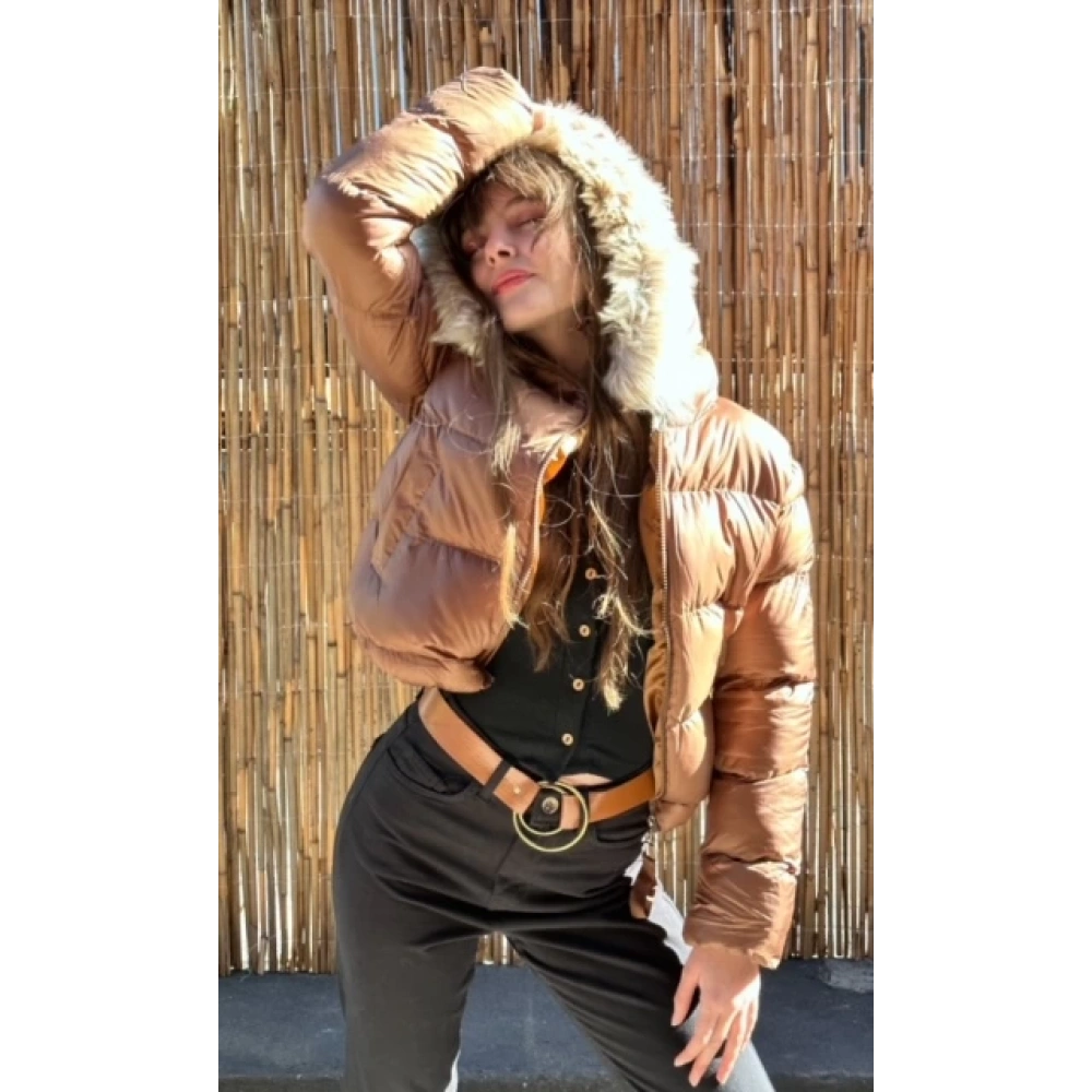 Kadın Kahverengi Kapşonlu Şişme Mont