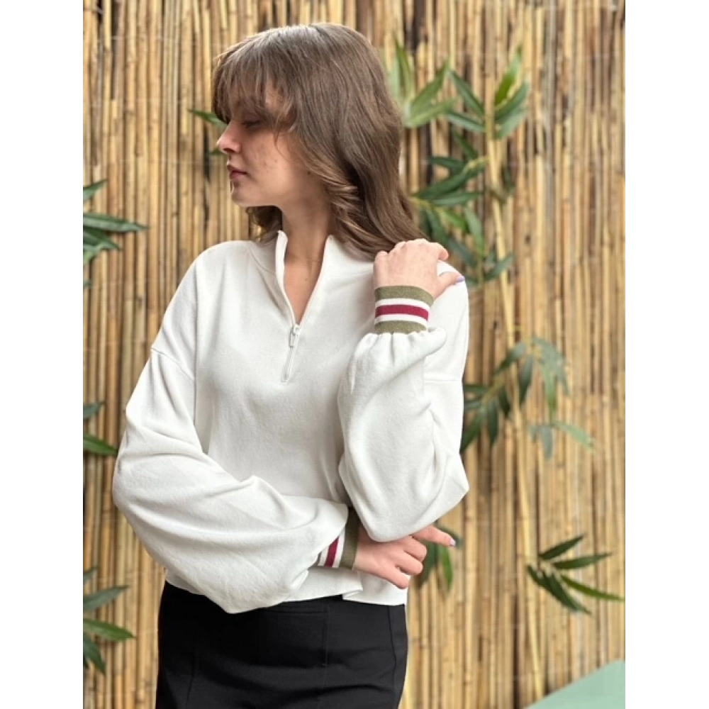 Kadın Kırık Beyaz Fermuar Detaylı Triko