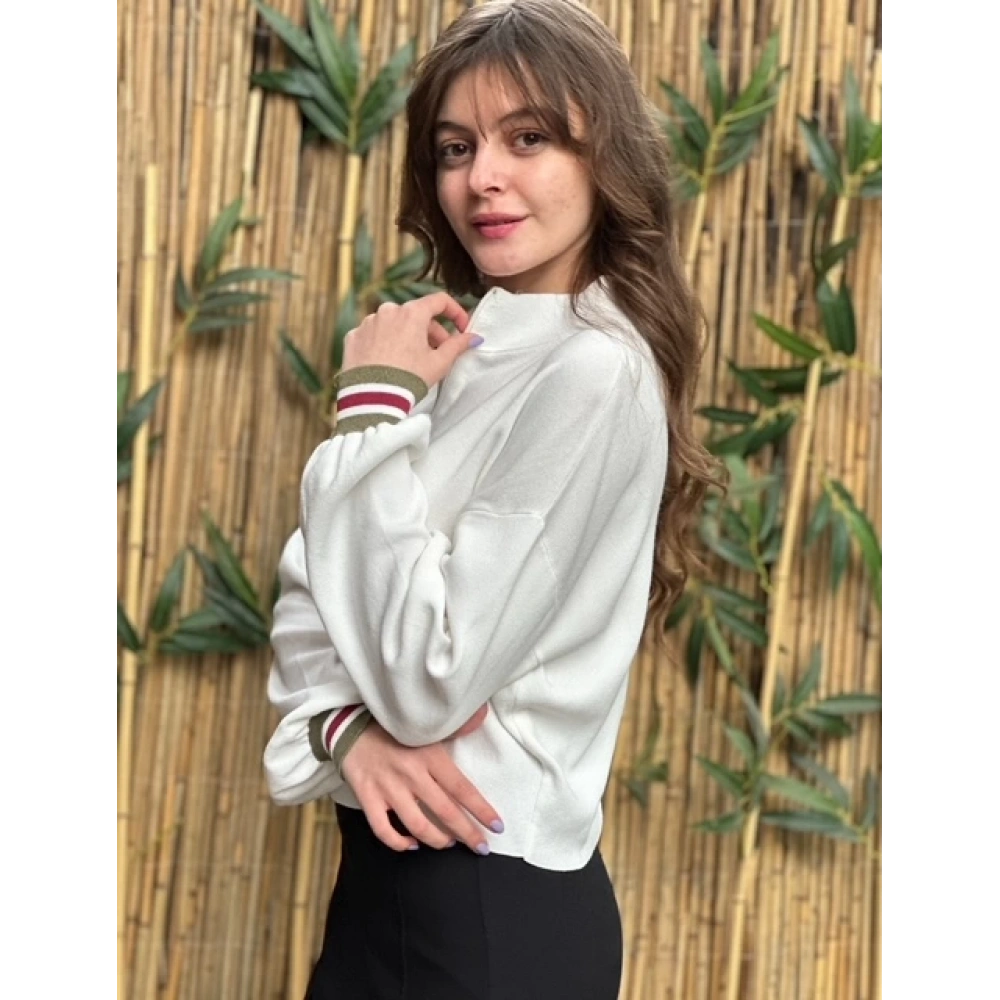 Kadın Kırık Beyaz Fermuar Detaylı Triko