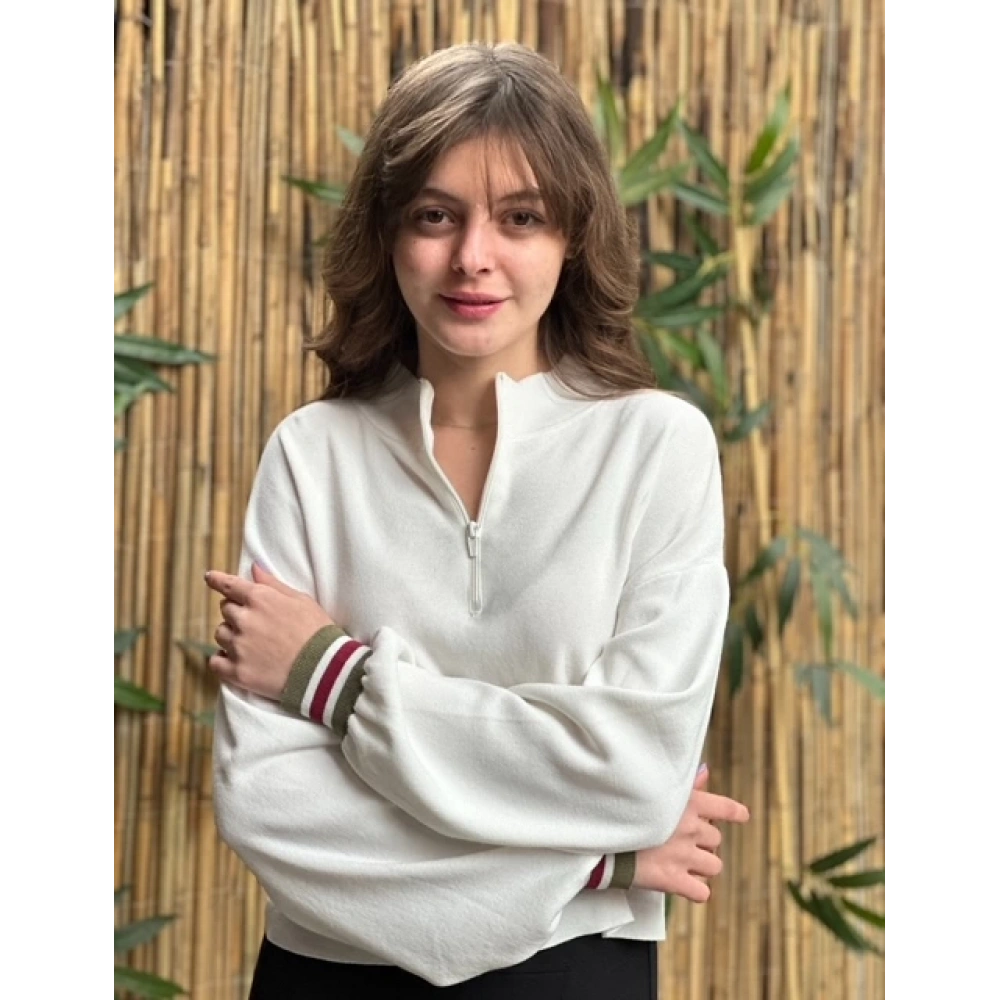 Kadın Kırık Beyaz Fermuar Detaylı Triko