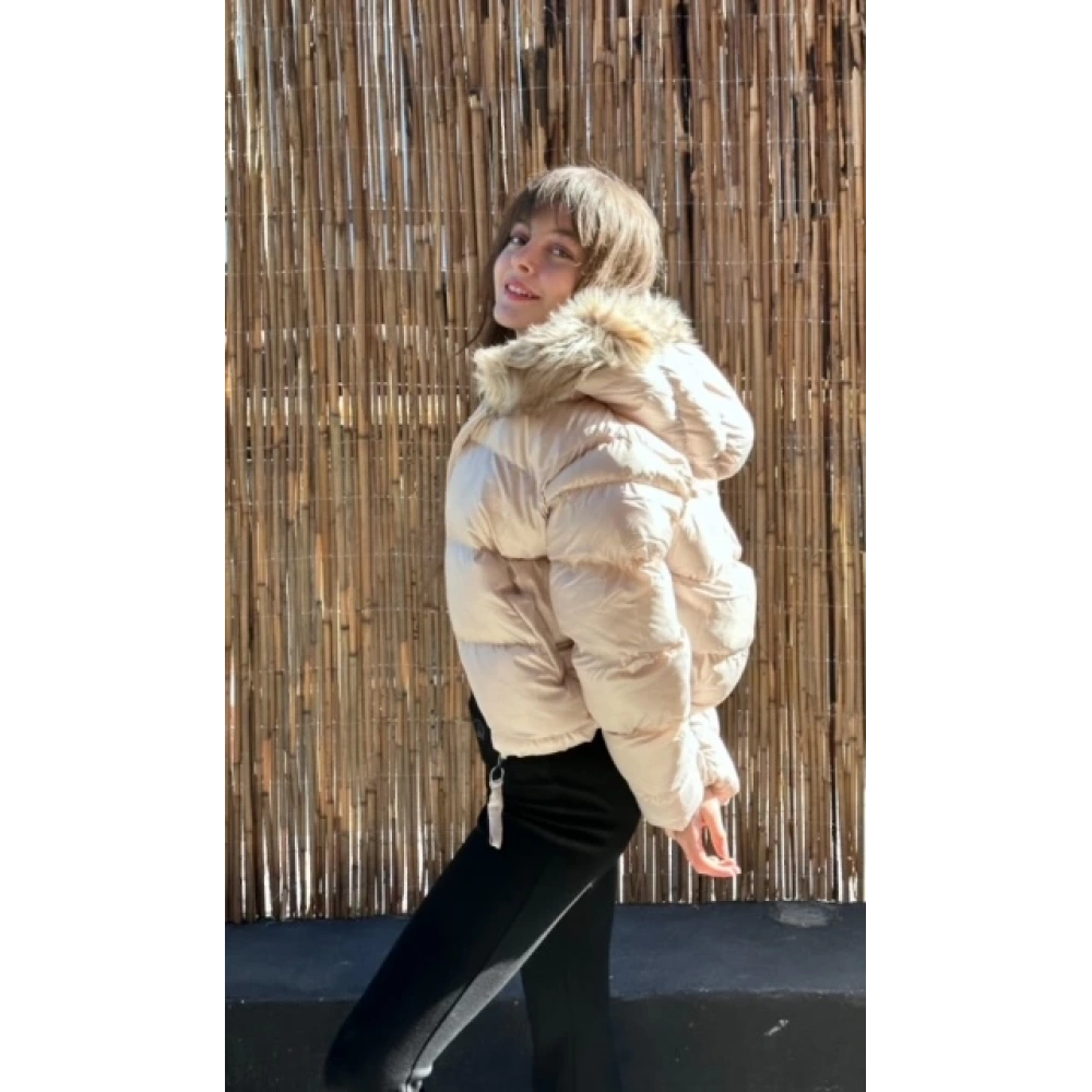 Kadın Krem Kapşonlu Şişme Mont